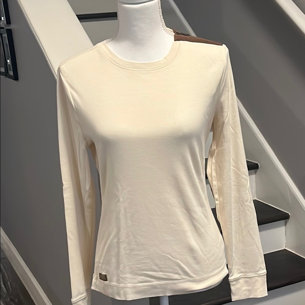 LRL Lauren Jeans Co. Cream color long sleeve top. Faux Suede Shoulder & elbow Lg
